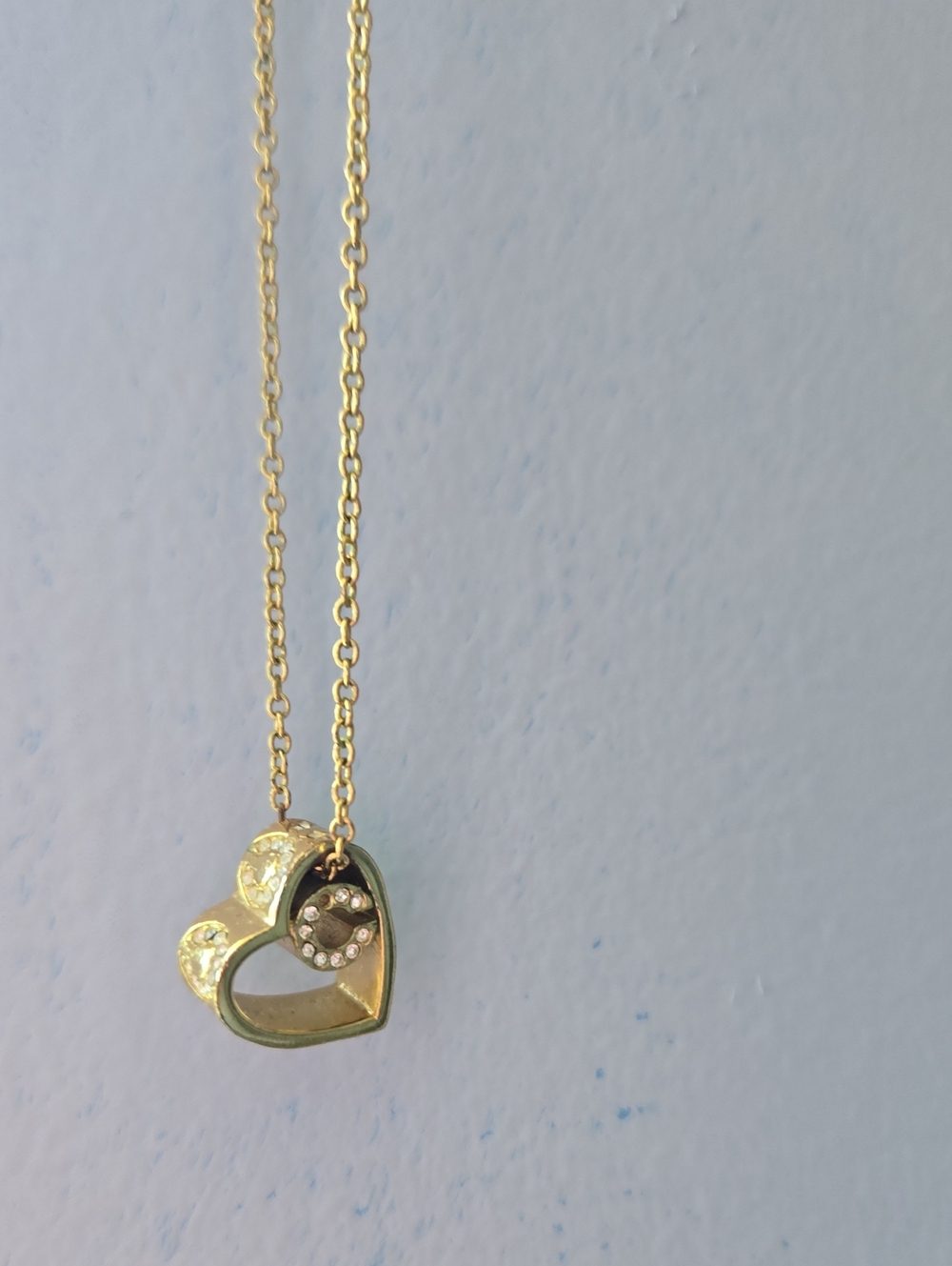 Coach Gold-tone Double Heart Pendant Necklace with Crystal Circle